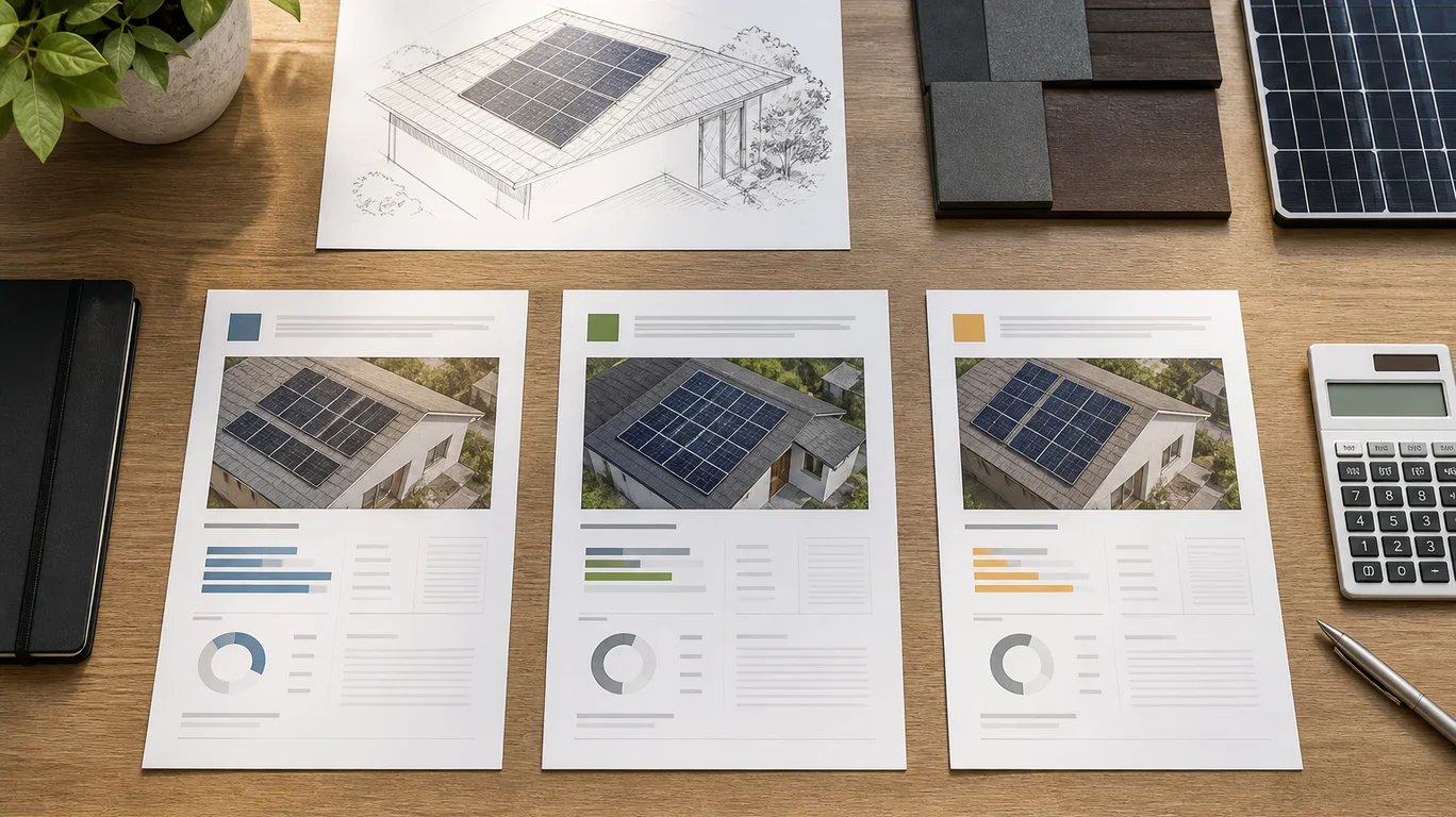Trois propositions photovoltaïques comparées sur une table de travail