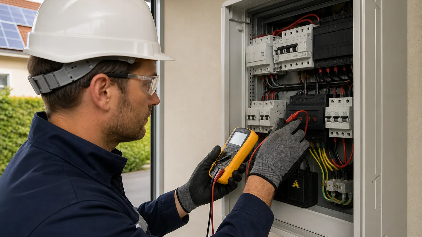 Technicien contrôlant les protections électriques photovoltaïques
