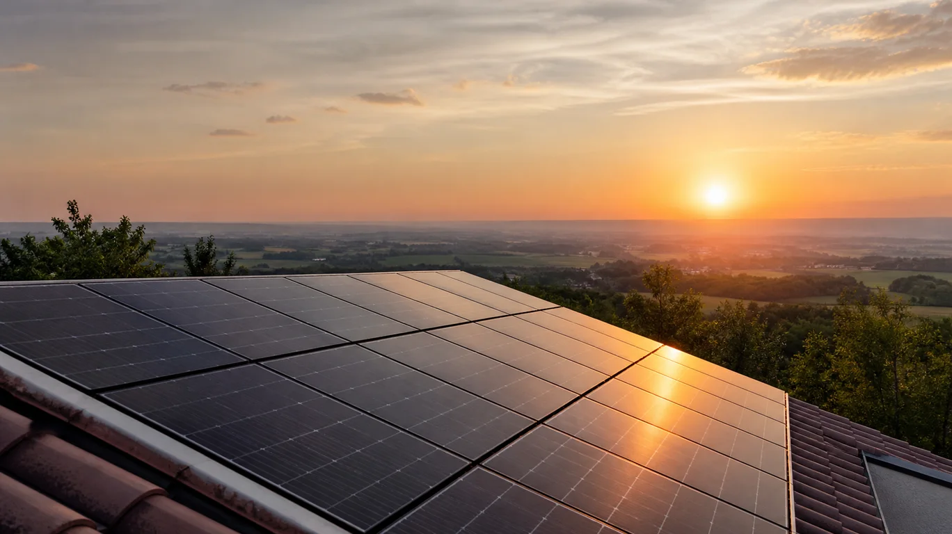 Panneaux photovoltaïques au coucher du soleil dans la campagne agenaise