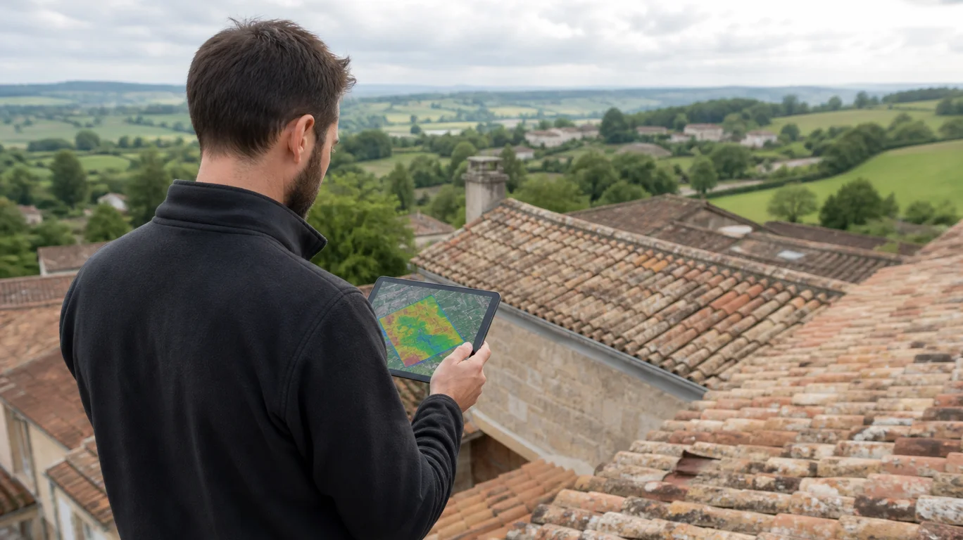 Technicien réalisant un diagnostic solaire de toiture près d’Agen
