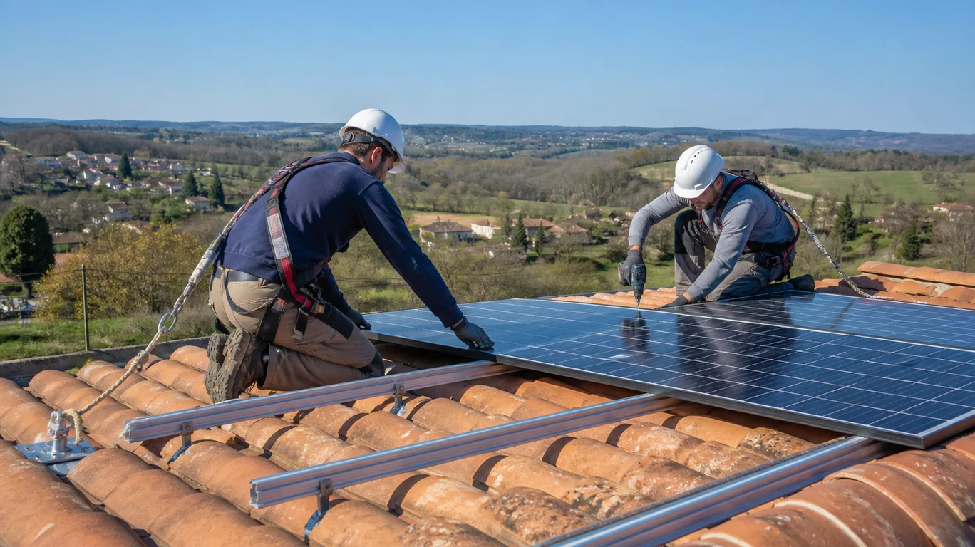 Installateurs posant des modules solaires sur une toiture en tuiles